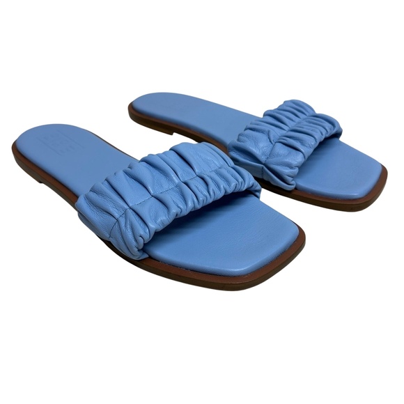 NWOB resouL Womens 41 Sandals Blue Slide Ruched Leather Square Toe Italian Beach - Picture 1 of 8